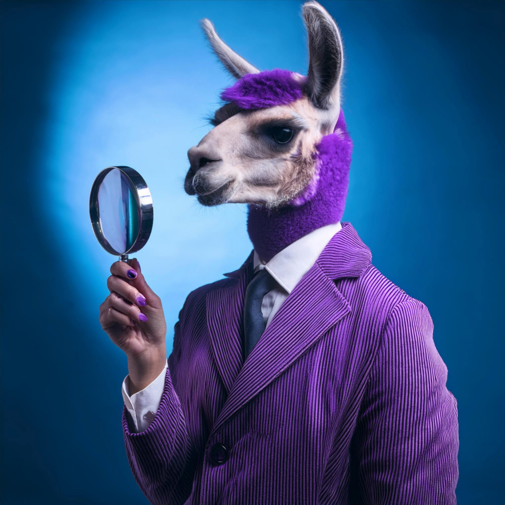 Llaama violetti puku päällä, pitelee suurennuslasia kädessään.
